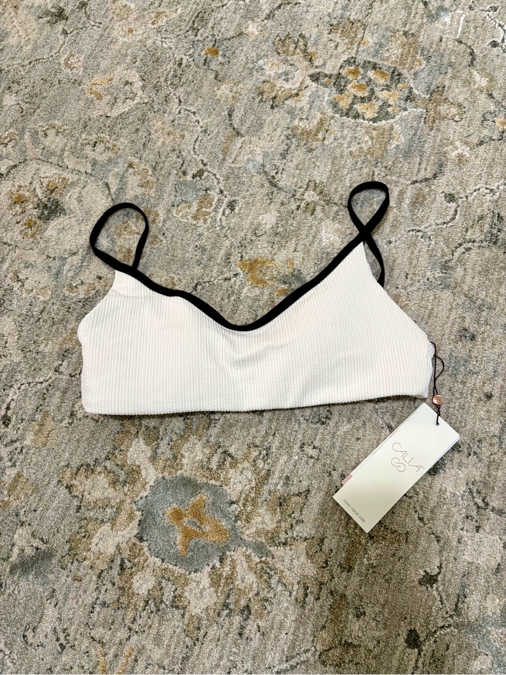 CALIA by Carrie Underwood White Ribbed Bikini Top with Black Trim